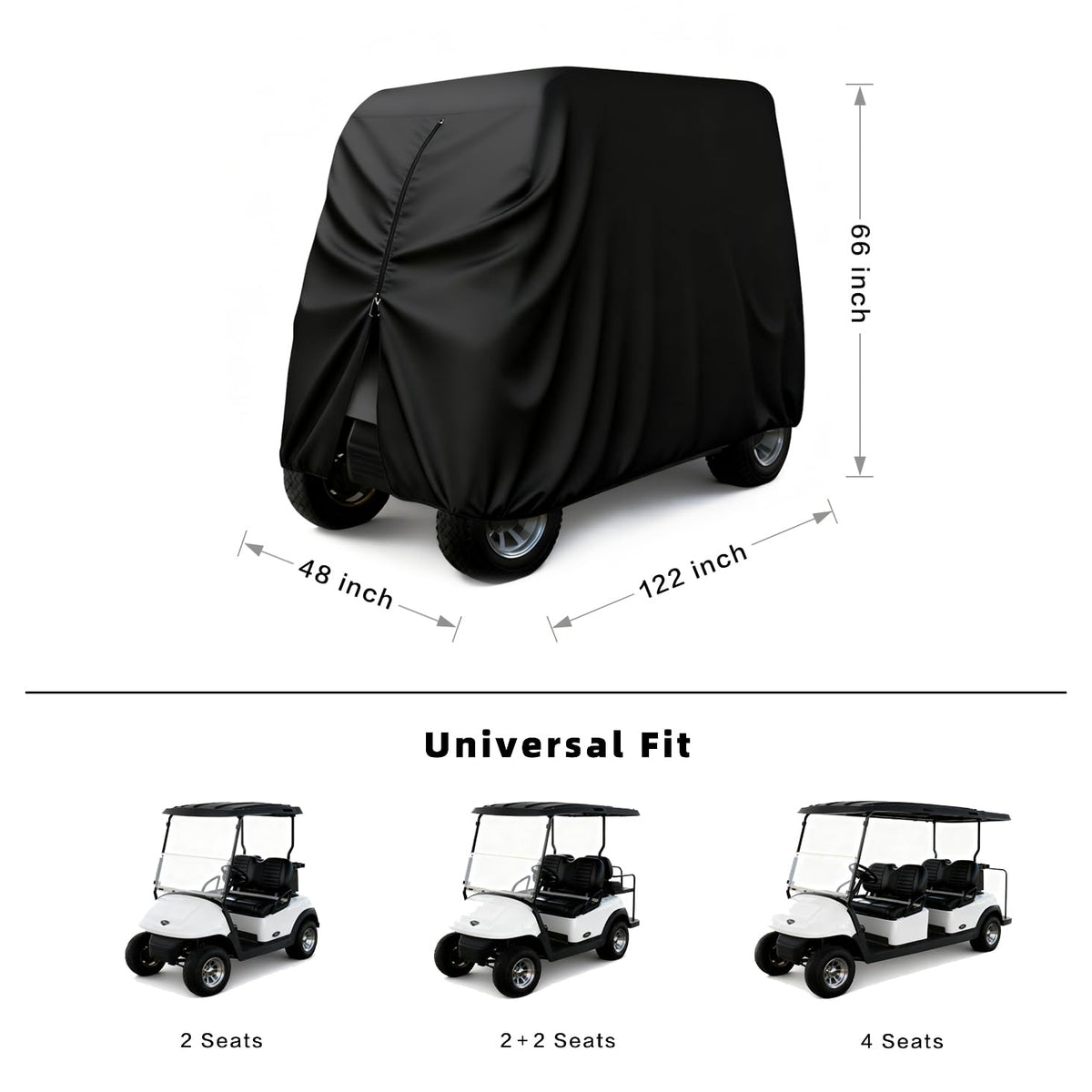Silfrae all-weather cover front view highlighting full cart coverage and UV defense
