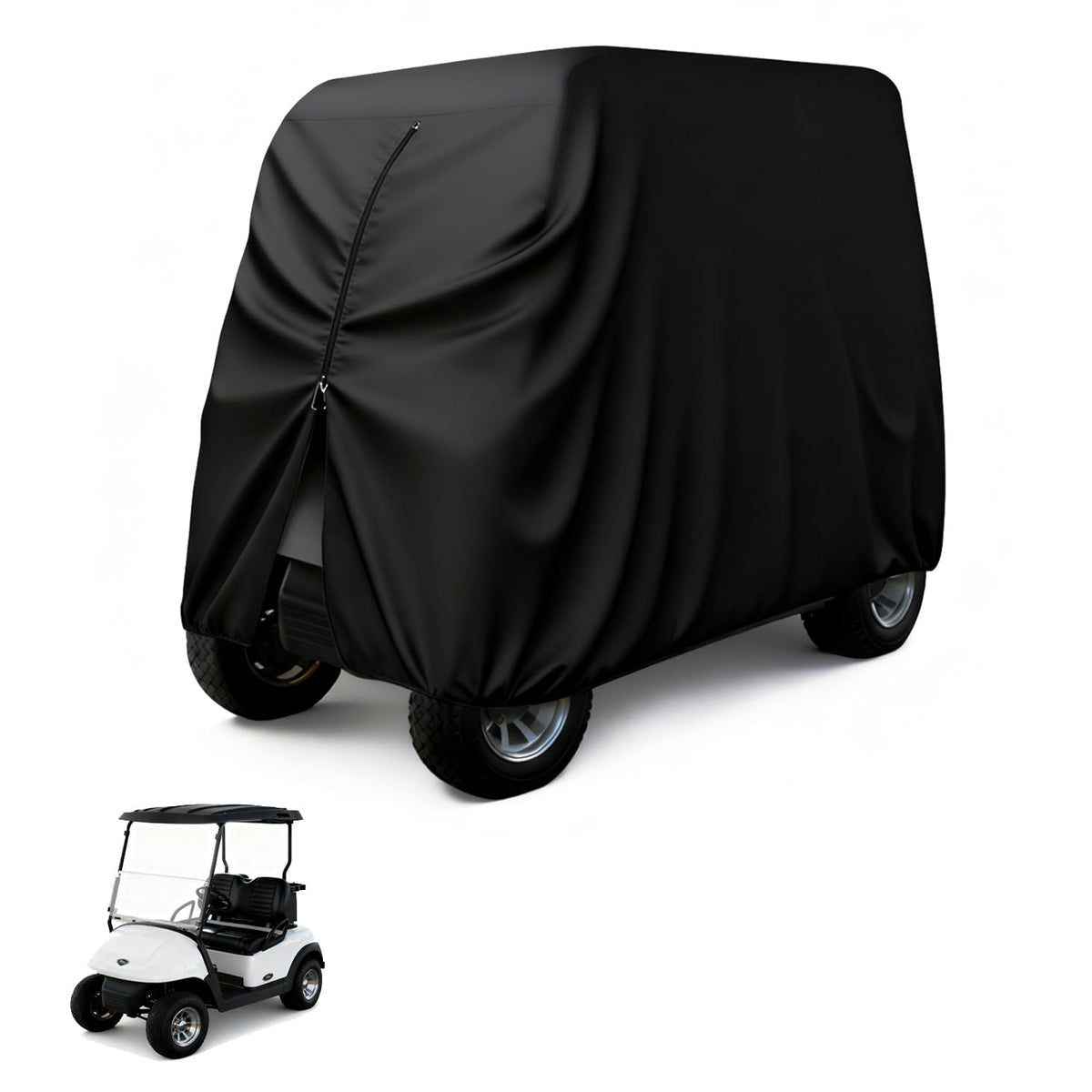 Silfrae all-weather cover side view showing weather protection for golf carts