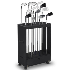 Silipull 27-hole golf club stand shows organized clubs and accessories.