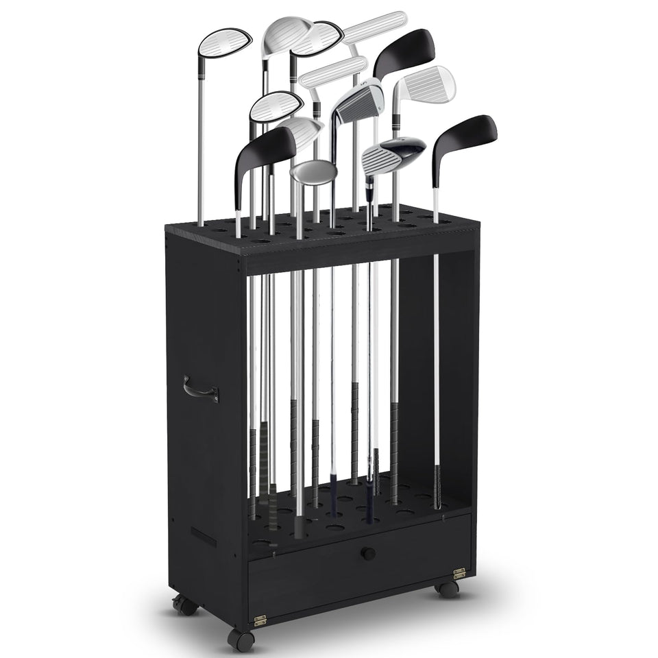Silipull 27-hole golf club stand shows organized clubs and accessories.