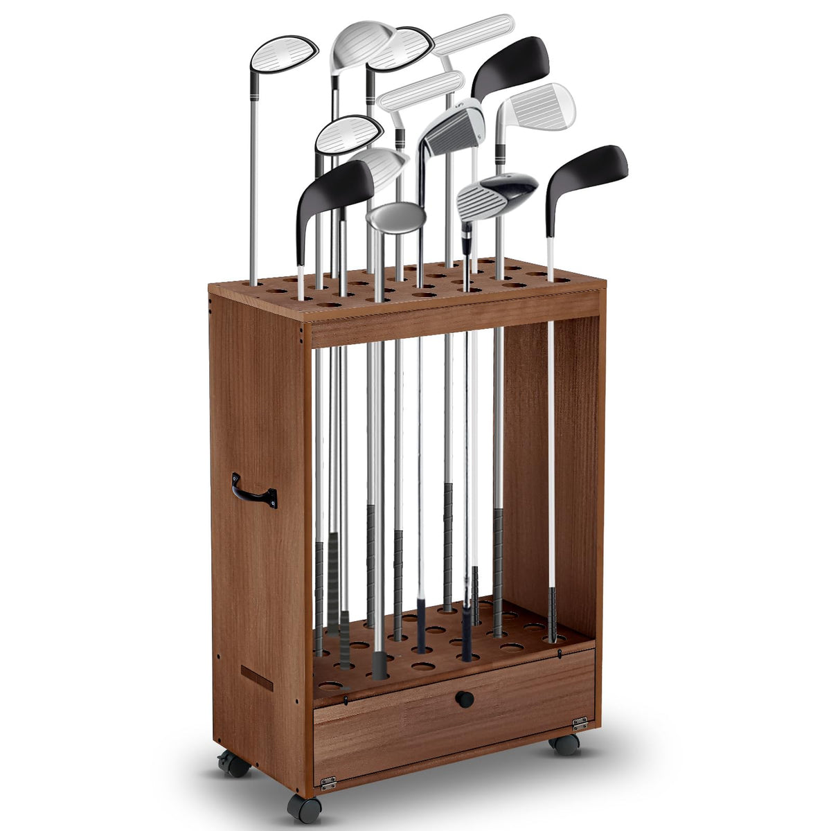 Silipull 27-hole golf club stand displaying clubs neatly for easy access
