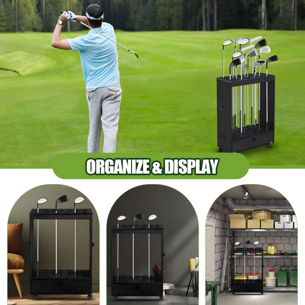 Silipull black wooden golf stand enhancing room decor and organization.