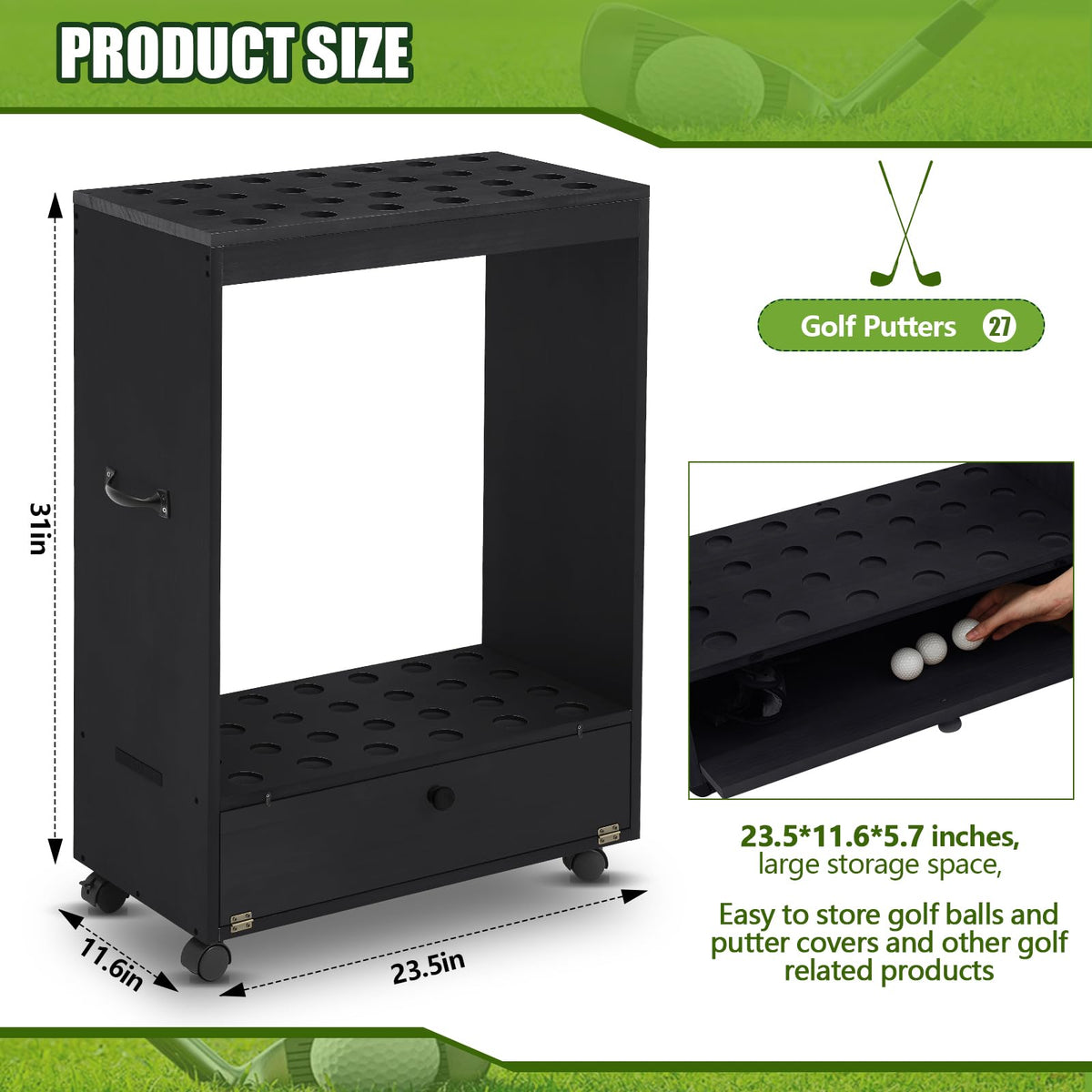 Silipull wooden stand with drawer neatly displays golf equipment.