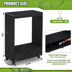 Silipull wooden stand with drawer neatly displays golf equipment.