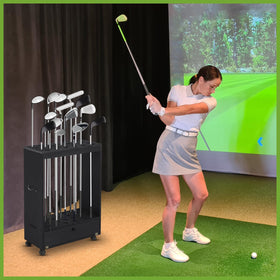 Silipull golf storage rack with wheels for easy relocation.