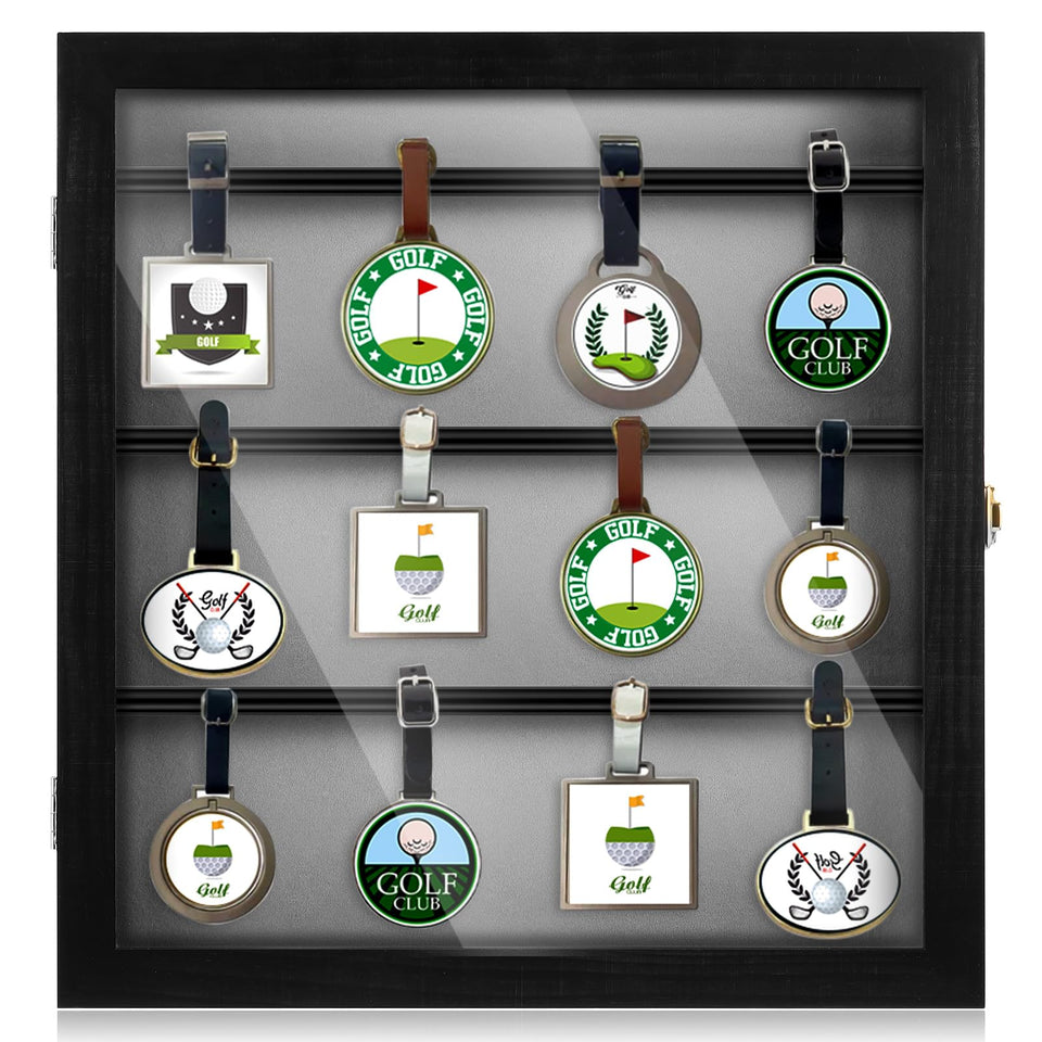 Silipull golf tag display case showing up to 40 tags on a wall