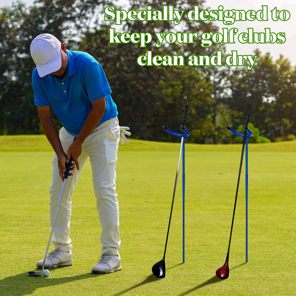 Silipull soft rubber wrapped holder protects clubs from scratches during setup.