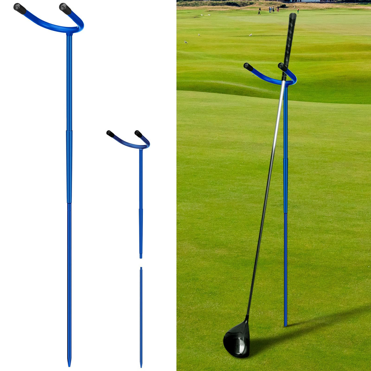 Silipull U-shaped golf club holder in blue, detachable stand for easy club access.