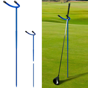 Silipull U-shaped golf club holder in blue, detachable stand for easy club access.