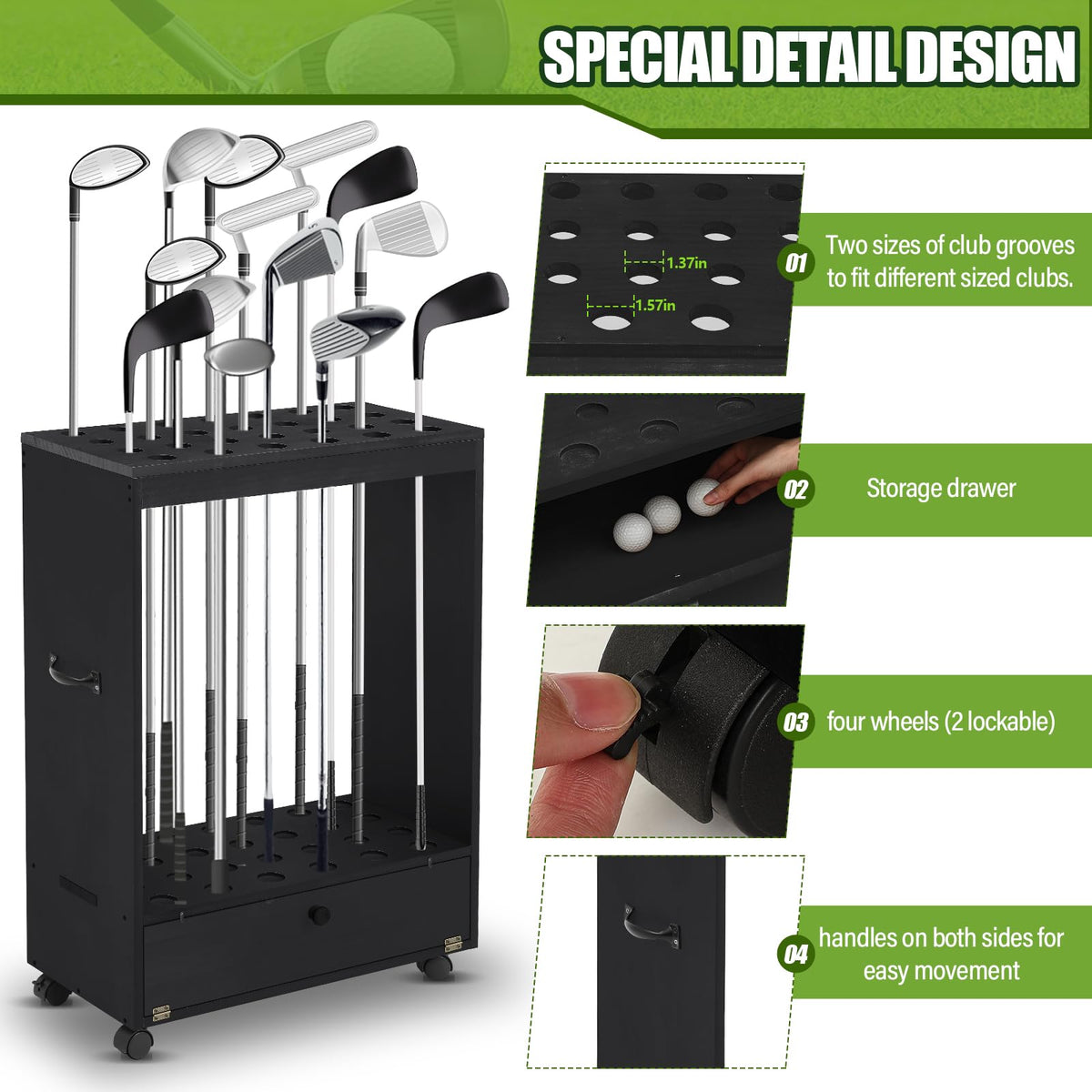 Silipull wooden golf club display rack in a stylish black finish.