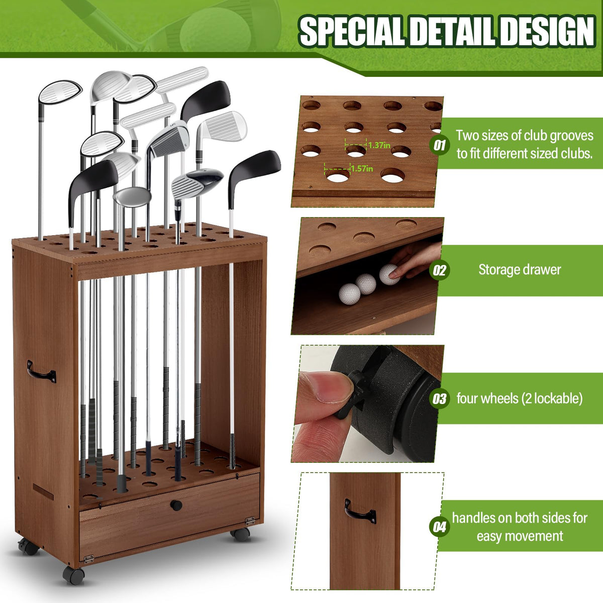 Silipull wooden golf club rack with wheels for easy relocation