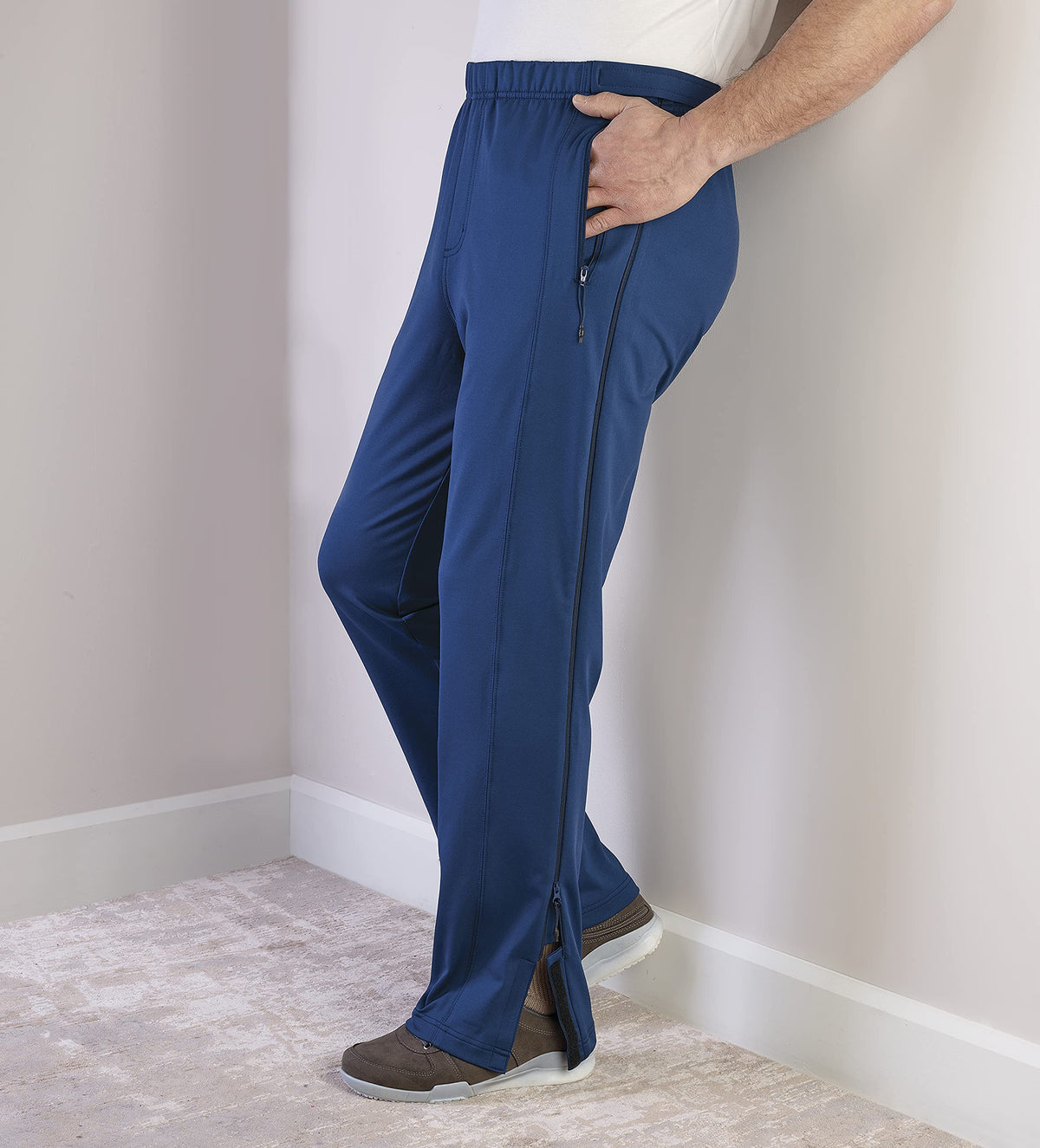 Silvert's men's side-zip pant zip closure close-up; quick access while keeping comfort.