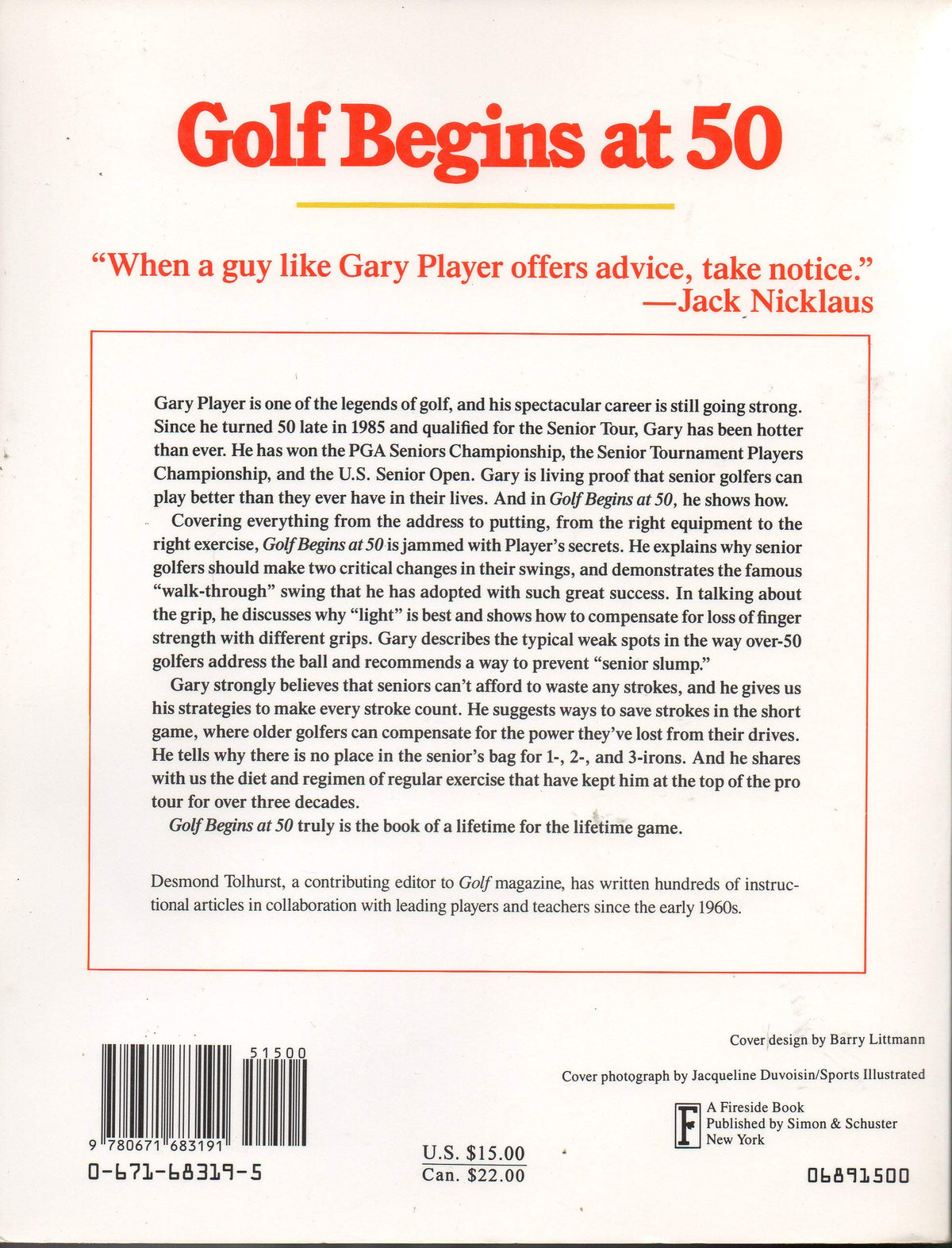 Simon & Schuster Golf Begins at 50 interior pages with diagrams for age-aware technique.