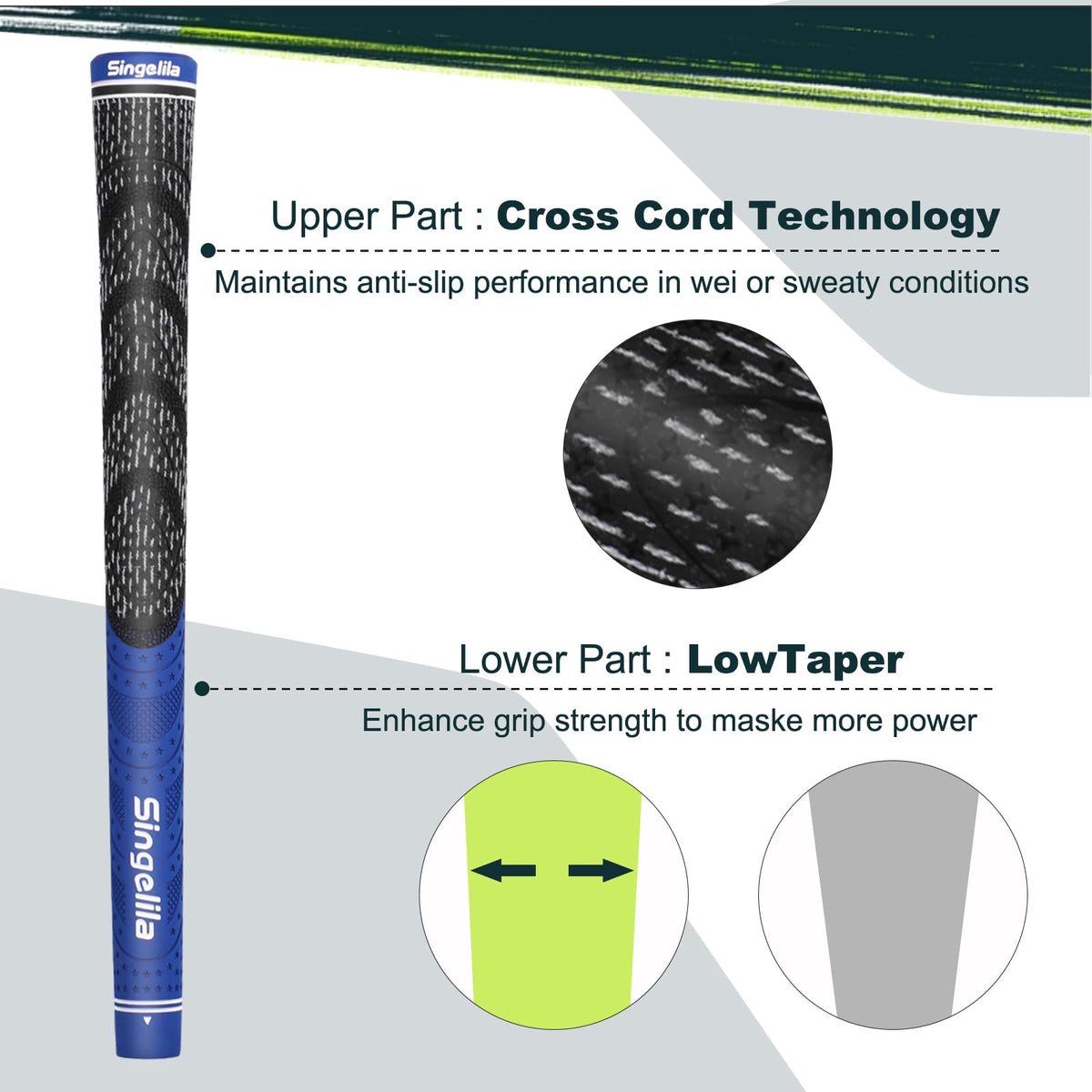 Singelila blue hybrid cross cord grips 13-pack texture close-up for stable swings.