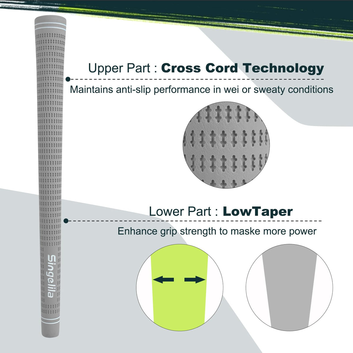 Singelila cross-cord golf grips tape-included, easy retrofit with durable adhesion for at-home regripping.