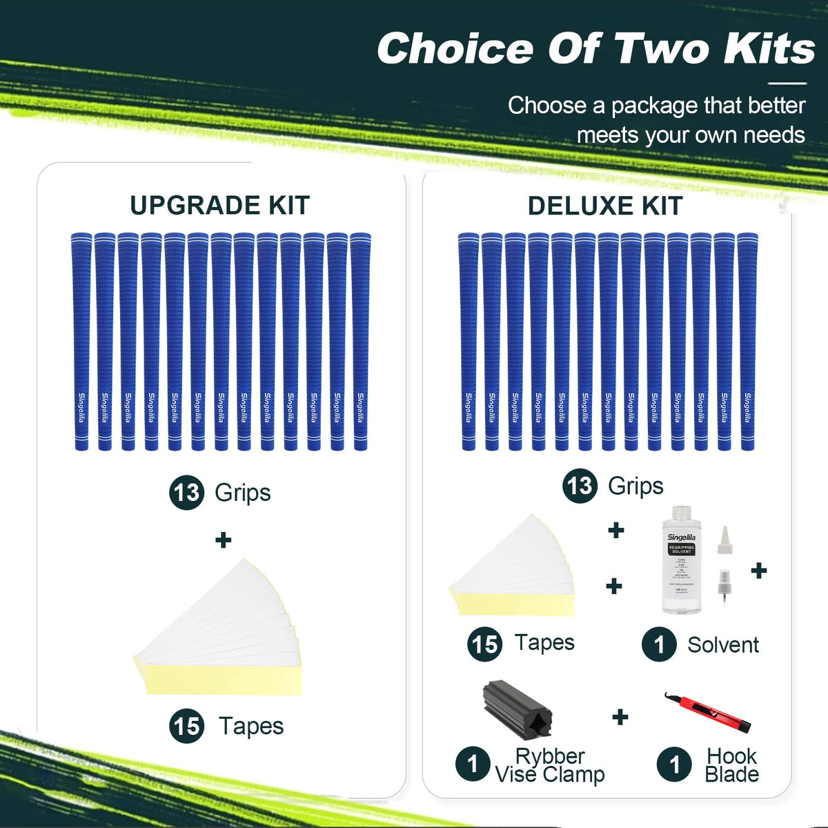 Includes a complete regrip kit for irons, woods, hybrids, and putter.