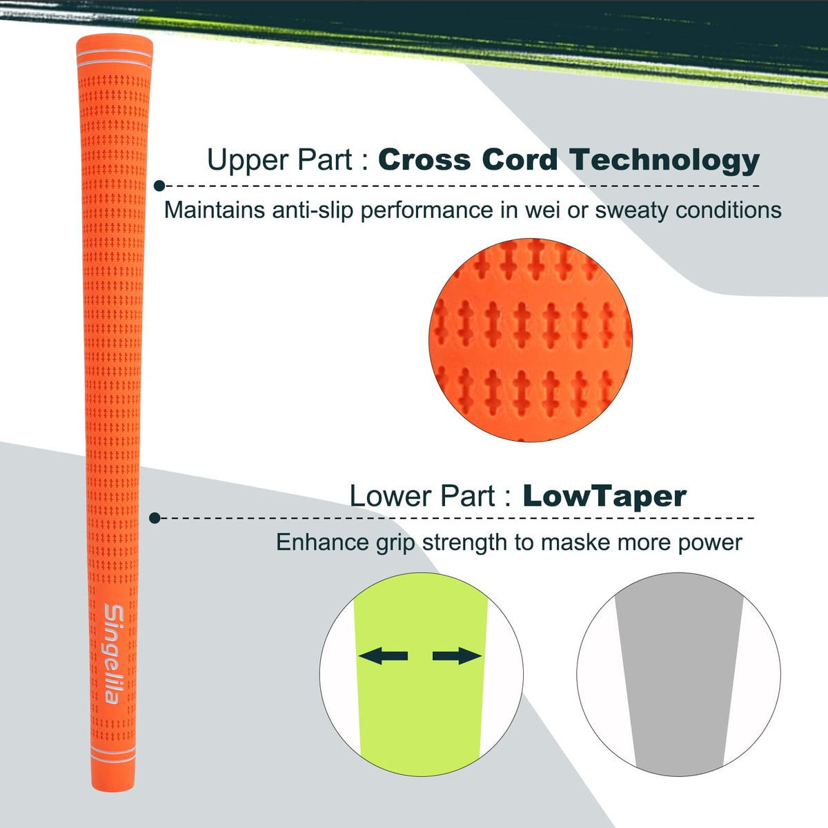Singelila grips with textured cord pattern provide secure hold in humid or rainy rounds.