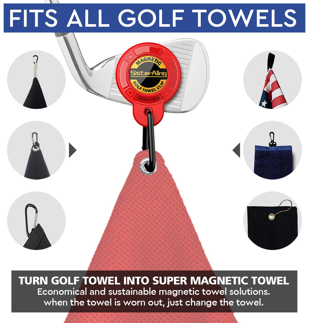 SisterAling towel clip securely grips towels on golf clubs on uneven terrain.