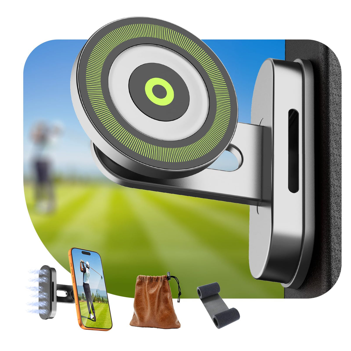 Sitiz Magnetic Golf Cart Phone Holder base view demonstrates secure cart attachment.