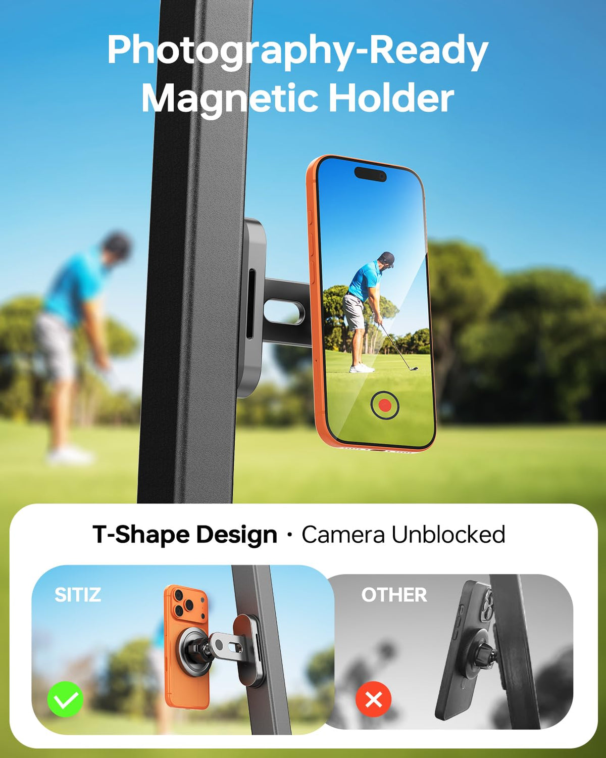 Sitiz Magnetic Golf Cart Phone Holder head tilt illustrates precise angle control.