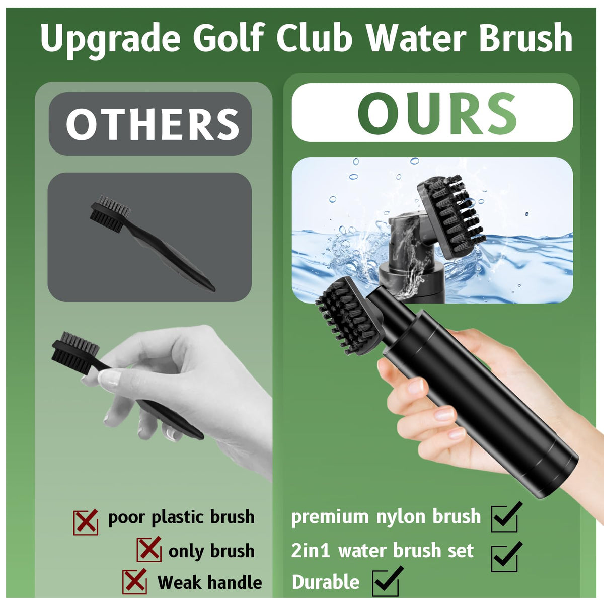 Siugohaus Pro nylon bristles glide over clubs without scratch