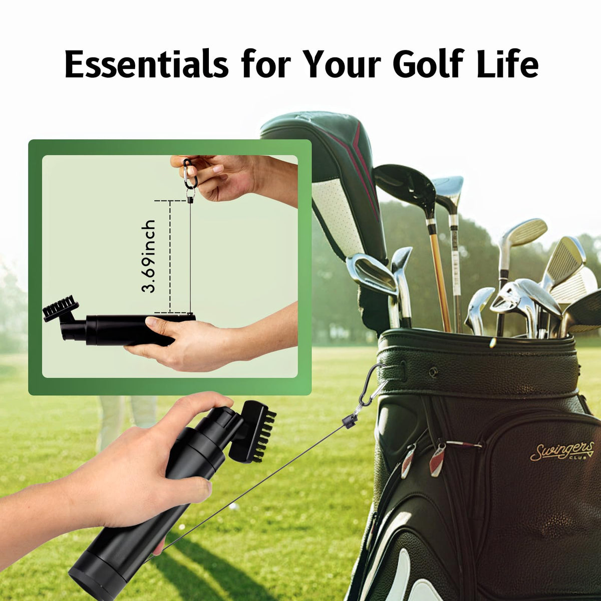 Siugohaus Pro Golf Brush attached to bag via retractable clip