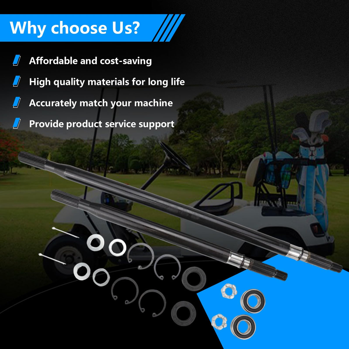 Siyoen TXT Medalist compatibility ensures correct rear axle kit for electric EZGO models.