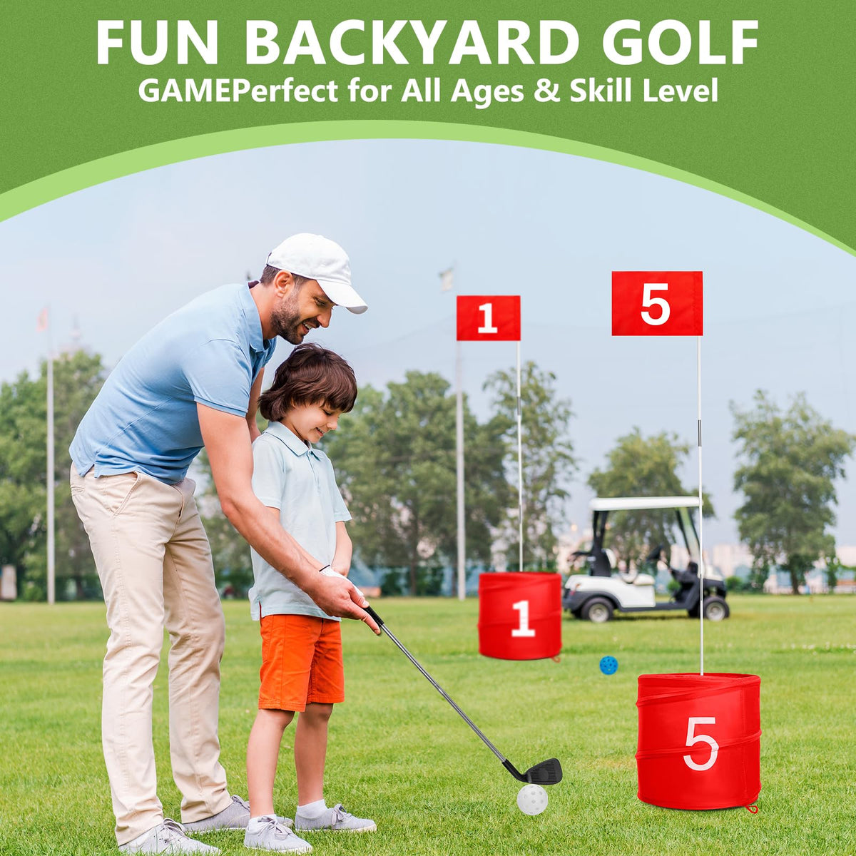 SJEhome backyard golf holes and putters ready for quick rounds with friends.