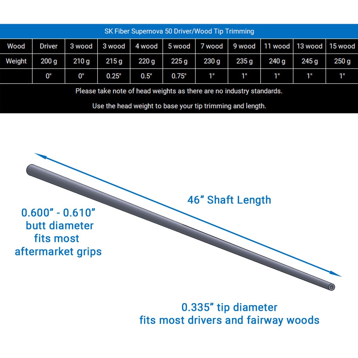 SK Fiber Supernova 50 graphite shaft with 0-335 tip diameter compatibility for drivers