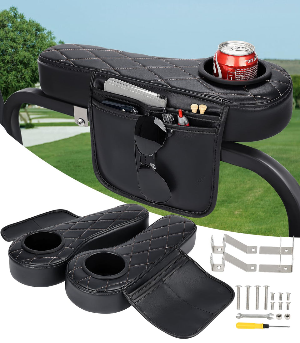 SKYJDM golf cart armrest with cup holder for convenient drinks within reach.
