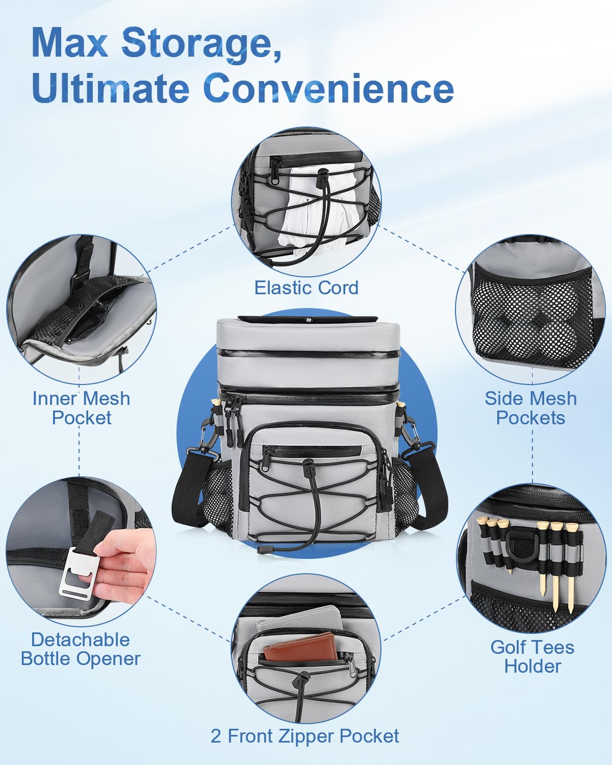 Adjustable shoulder strap offers comfortable carry off the cart.