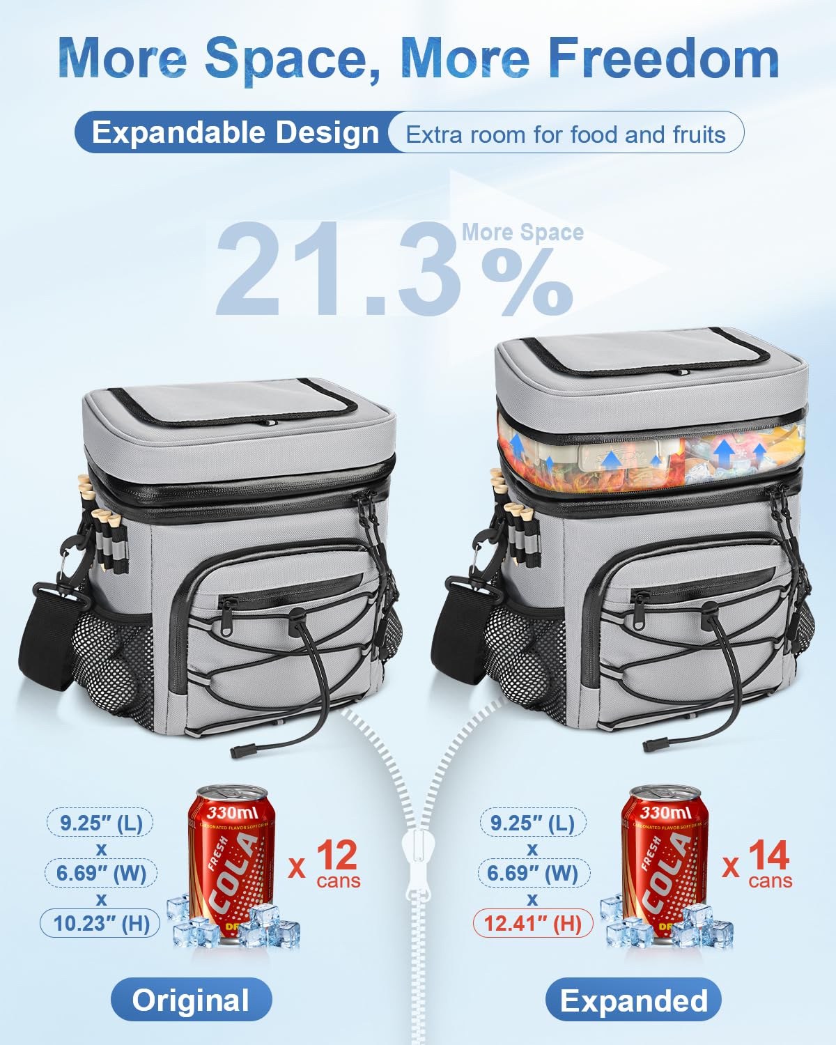 Soft insulated cooler bag keeps beverages cold on long rounds.