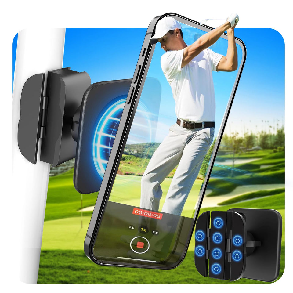 SLEVIO TIMER magnetic golf cart phone holder with eagle claw grip on round bars.