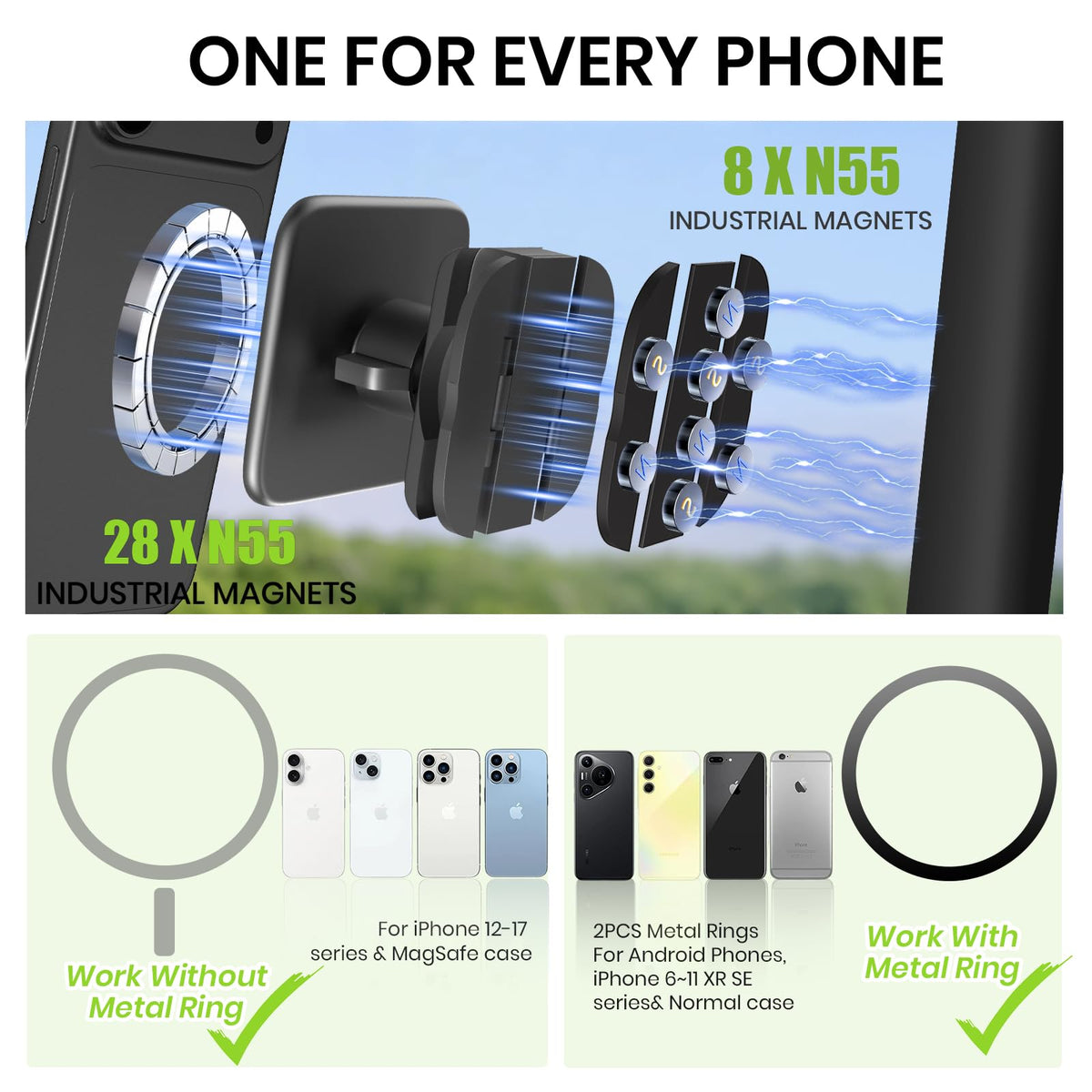 Strong N55 magnets provide secure attachment to metal bars.