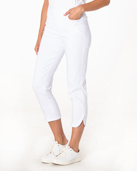 SLIM-SATION golf pull-on crop pants with dolphin hem in white for versatile everyday wear.