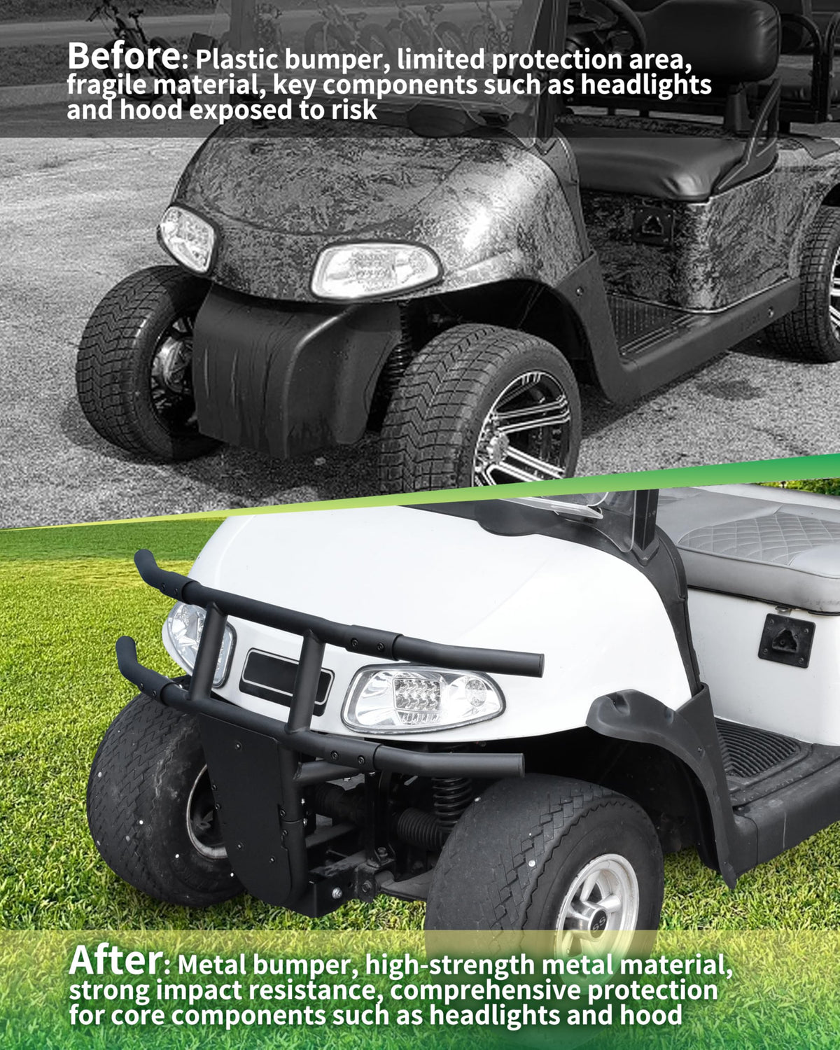 SLORIMOD steel tubing front bumper for EZGO RXV shields headlights from impacts.