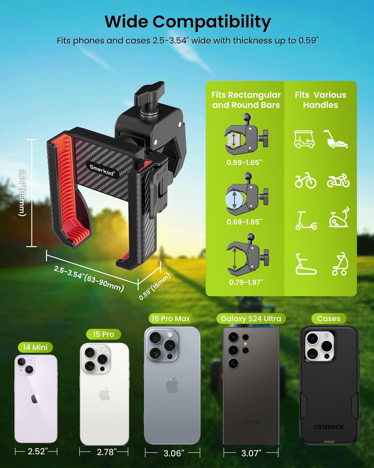 Smerkod wide compatibility fits iPhone, Galaxy, Pixel and various poles.