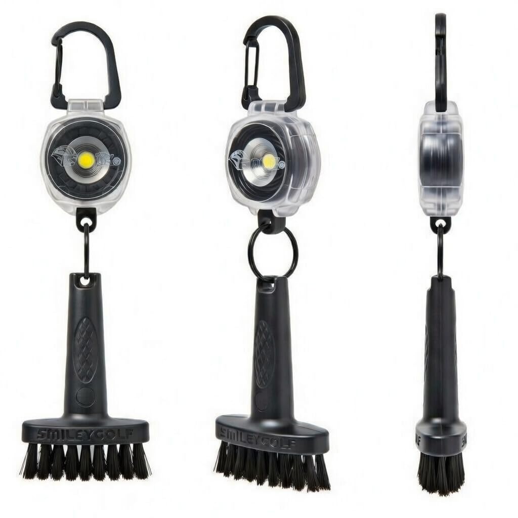 Smiley Golf clip attaches to bag for hands-free use.