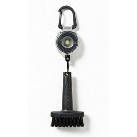 Smiley Golf mini brush with clear retractable clip for fast club-face cleaning.