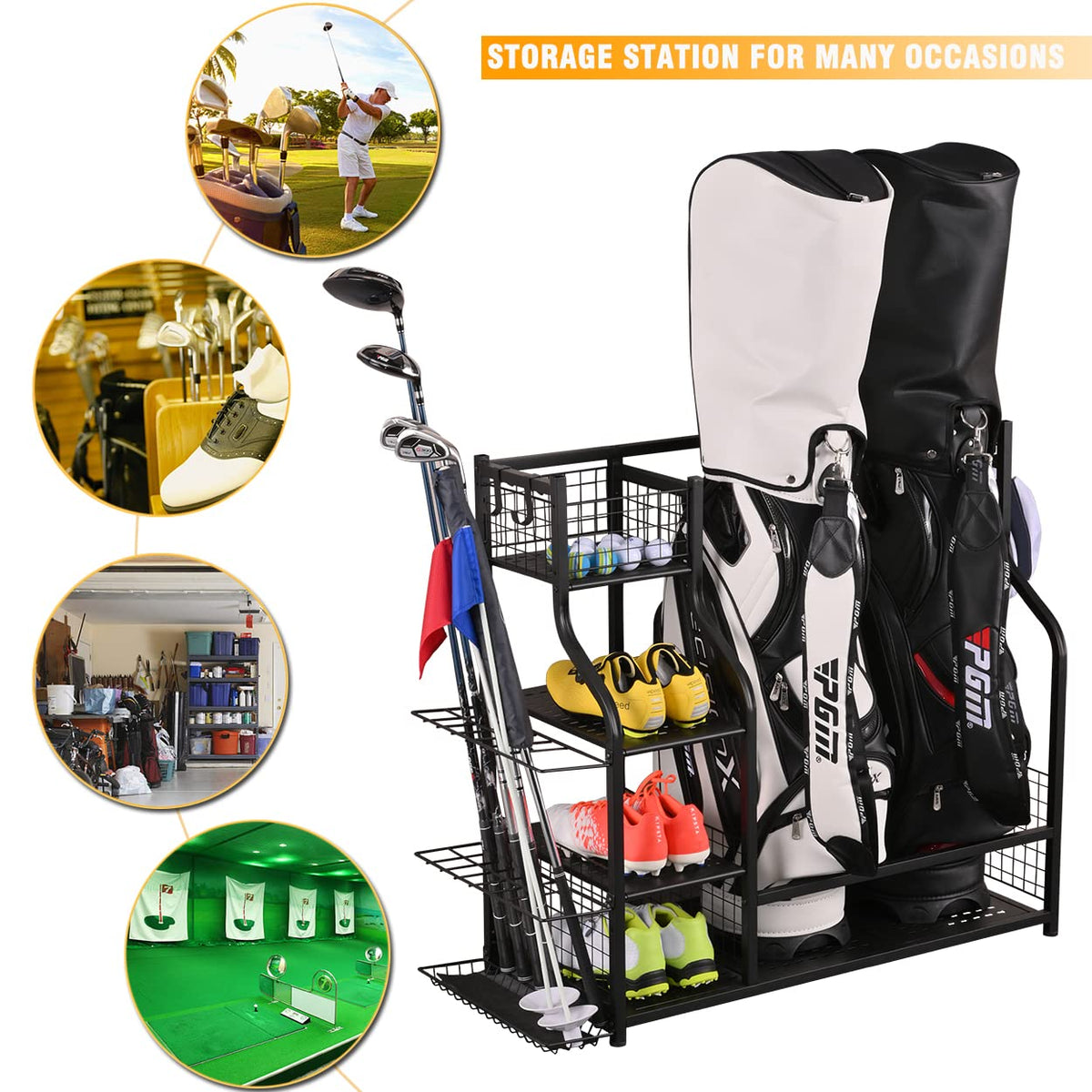 SNAIL Golf Bag Rack closed-net shelf holds balls and small items securely