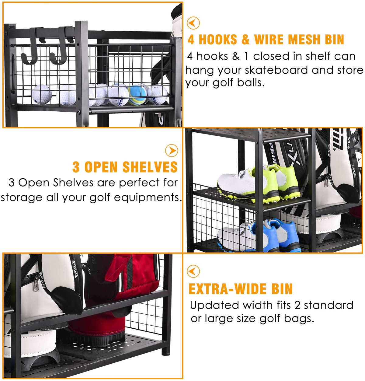 SNAIL Golf Bag Rack with movable hooks keeps gear organized and accessible