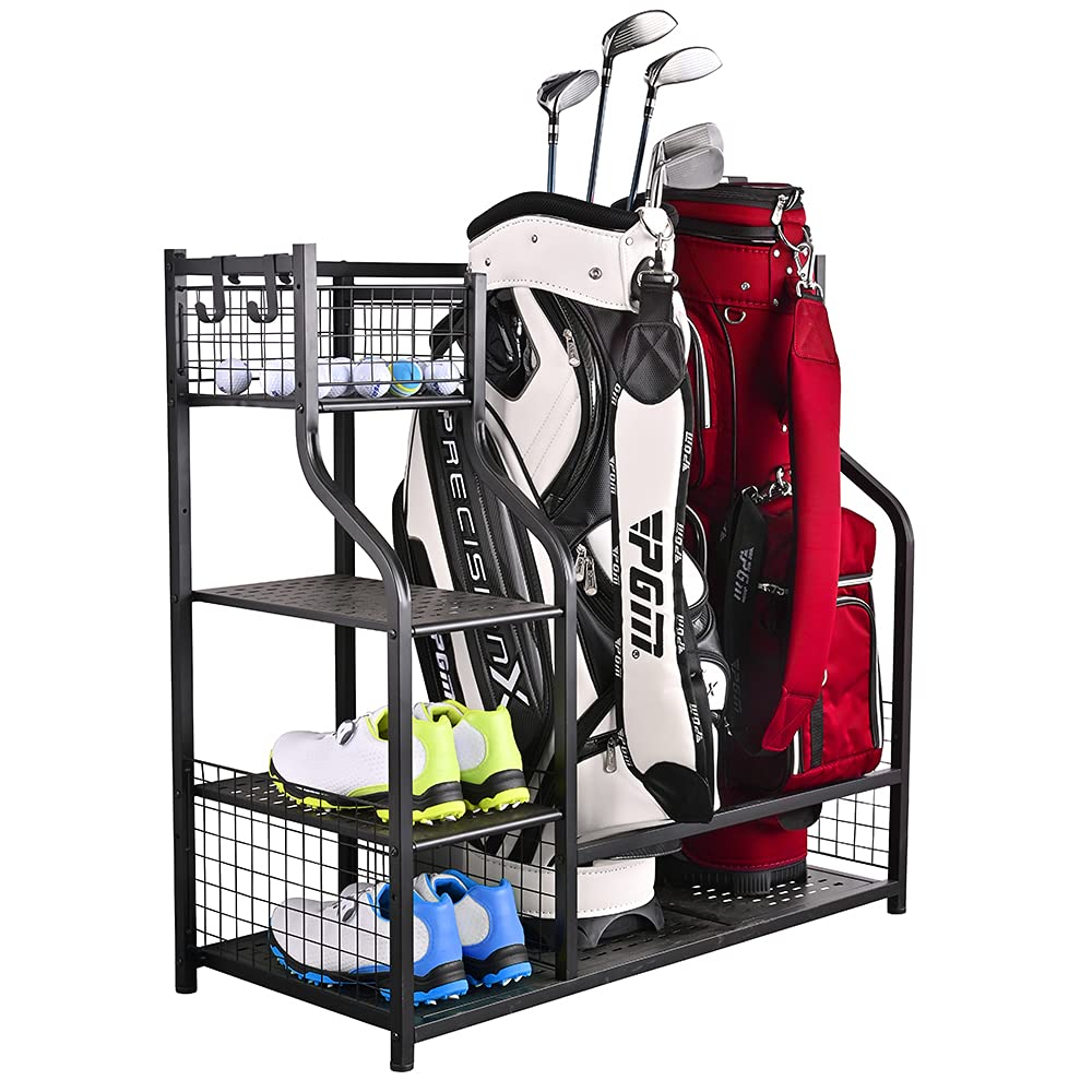 SNAIL Golf Bag Rack Stand front view stores two bags neatly in a garage.