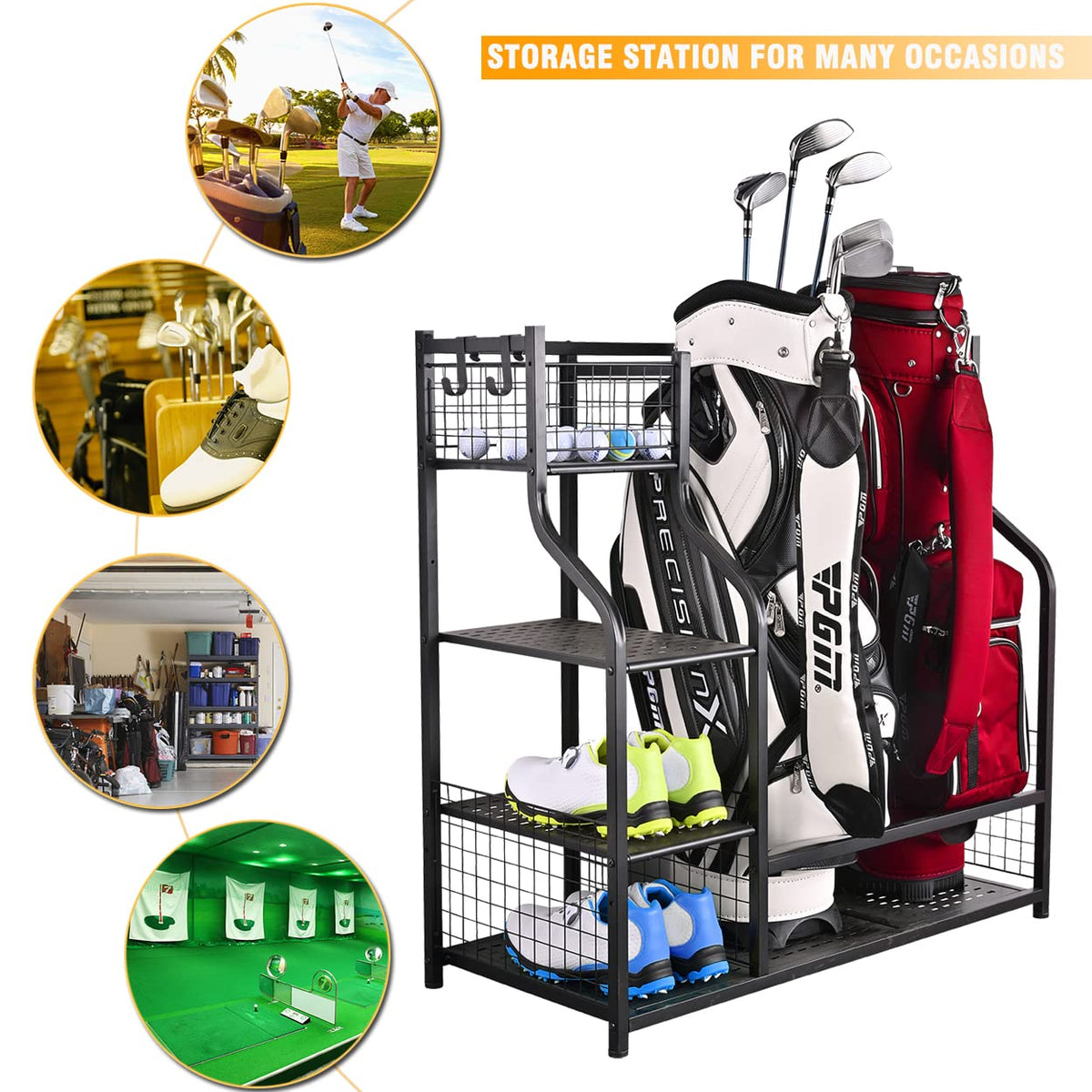 SNAIL Golf Bag Rack Stand hooks close-up displays four movable hooks.