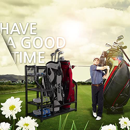 SNAIL Golf Bag Rack Stand net shelf close-up for balls and accessories.