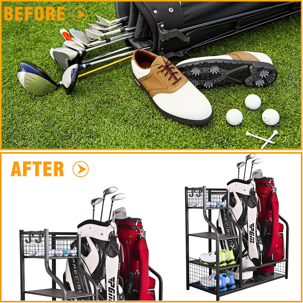 SNAIL Golf Bag Rack Stand shelves interior view for shoes and hats storage.