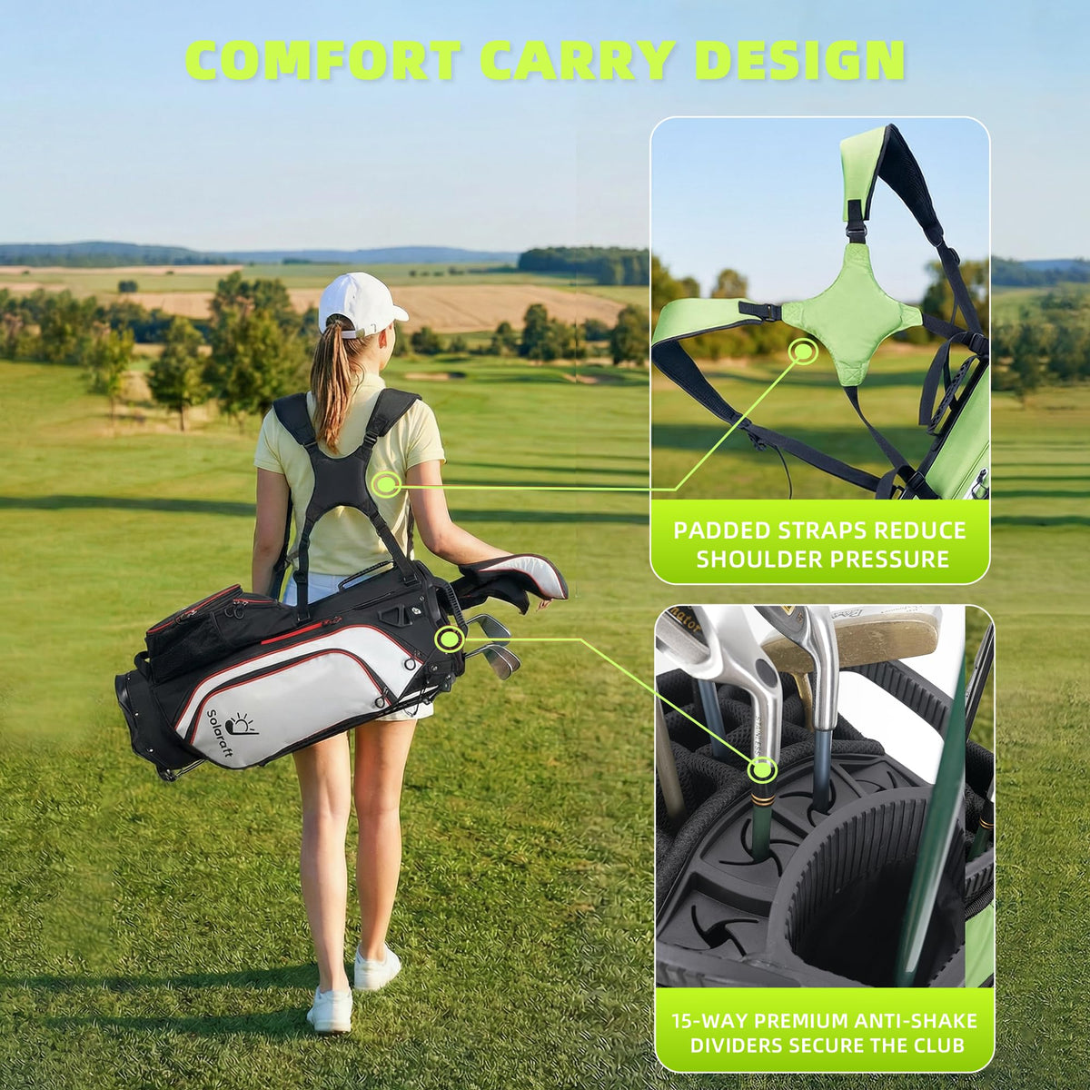 Solaraft Golf Stand Bag carbon fiber legs provide stable footing on any terrain.