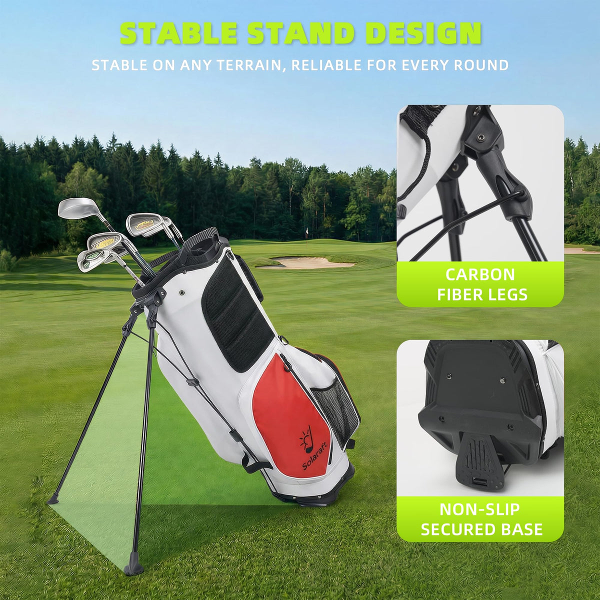 Solaraft Golf Stand Bag carbon fiber legs ensure stable setup on uneven ground.