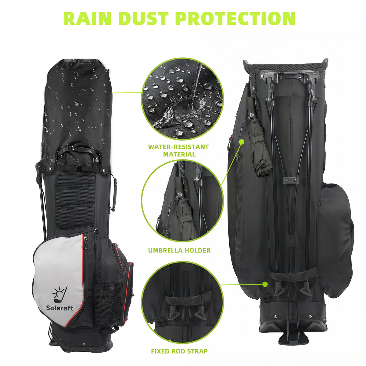 Solaraft Golf Stand Bag eight-pocket layout keeps tees, balls, water, and gloves organized.
