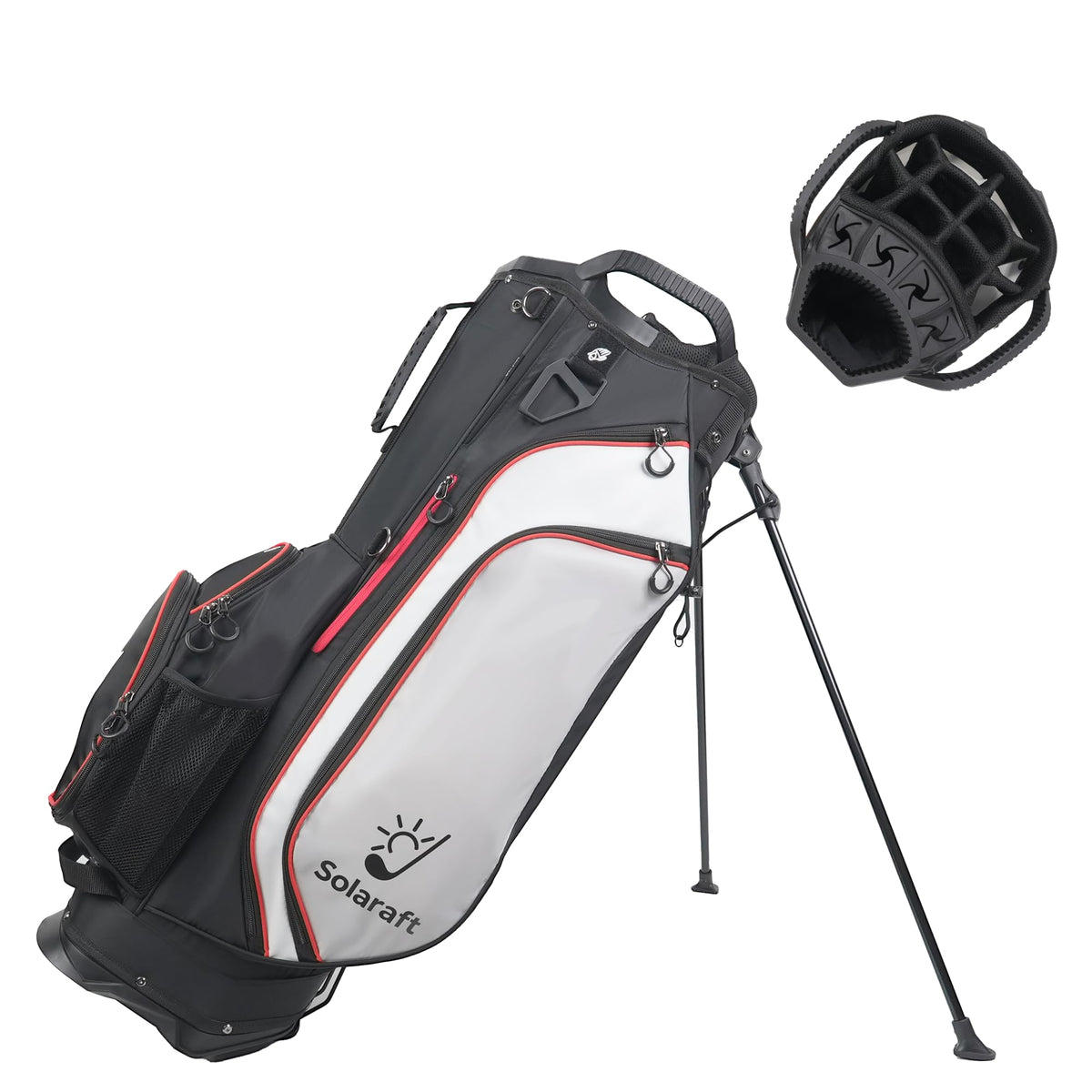 Solaraft Golf Stand Bag front view with 15-way dividers for easy access.
