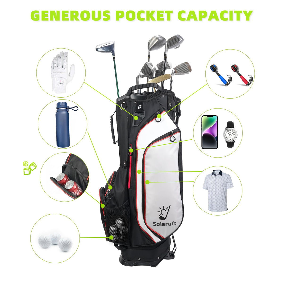 Solaraft Golf Stand Bag padded shoulder straps for comfortable all-day carry.